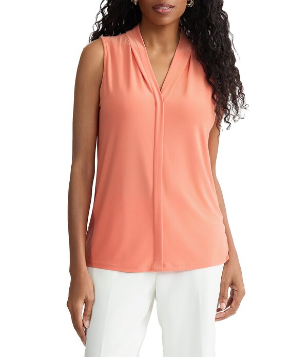 カスパール レディース トップス シャツ Vネック プリーツ ノースリーブラウス Kasper Pleated V Neck Sleeveless Blouse Mandarin|ReVida 店