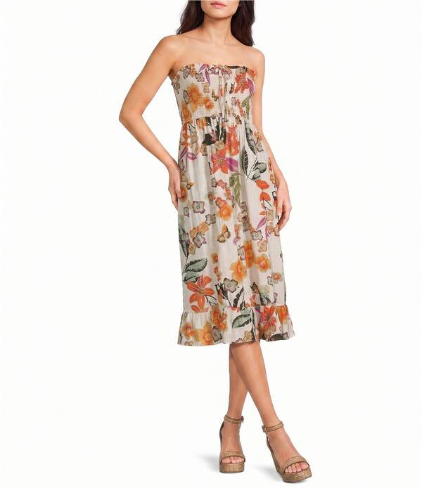 アンジー レディース トップス 衣装 御花柄 MIDI ストラップレス シャーリング 御花 Angie Tropical Floral Straplessmocked Midi Dress Ivory 象牙色