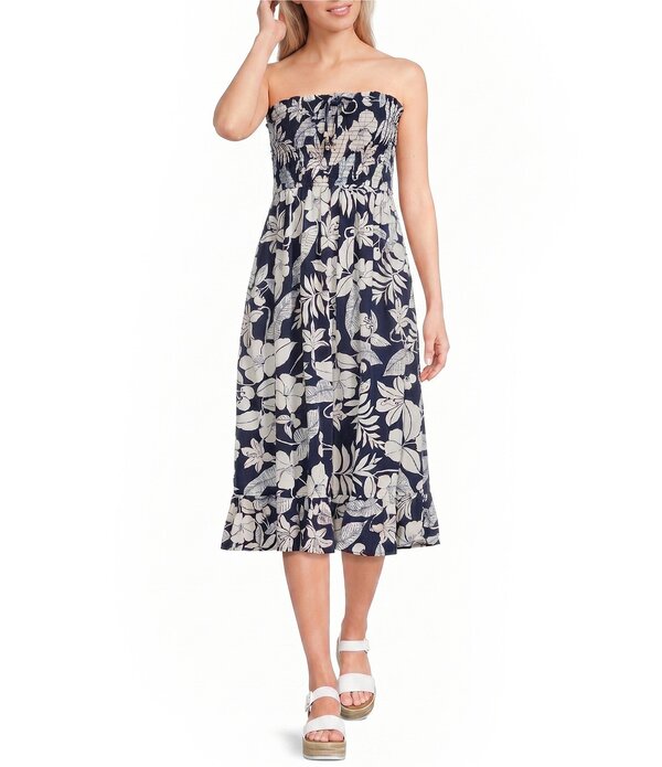 アンジー レディース トップス 衣装 刷り上げる MIDI ストラップレス シャーリング Angie Tropical Printed Straplessmocked Midi Dress Navy 米国海軍