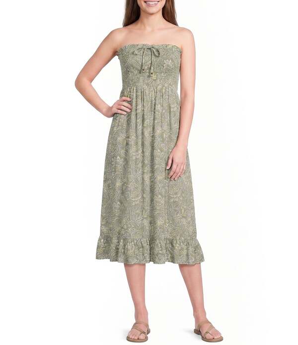 アンジー レディース トップス 衣装 刷り上げる MIDI ストラップレス シャーリング Angie Paisley Printed Strapless Neck Smocked Midi Dress Green 緑であること