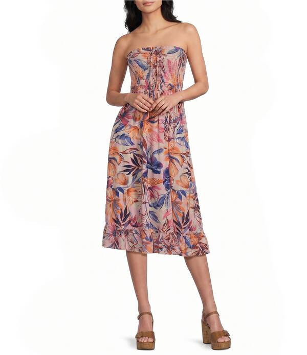 アンジー レディース トップス 衣装 刷り上げる MIDI ストラップレス シャーリング Angie Tropical Printed Straplessmocked Midi Dress Pink サクラ色