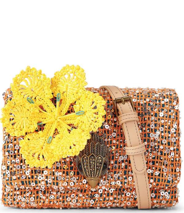 カートジェイガーロンドン レディース バッグ ミニ オーバーレイ スパンコール Kurt Geiger London Kurt's Cabana Mini Kensington Flap Sequin Woven Overlay Crossbody Bag Orange オレンジ|ReVida 店