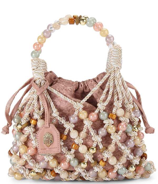 カートジェイガーロンドン レディース バッグ Kurt Geiger London Beaded Woven Macrame Rope Drawstring Bucket Bag Pink Cream クリーム|ReVida 店
