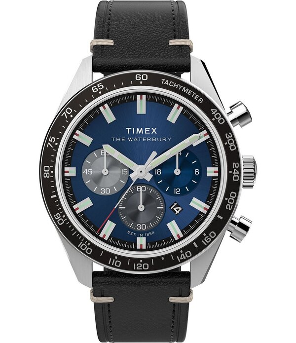 タイメックス レディース アクセサリー 腕時計 レザー Timex Men's Waterbury Quartz Chronograph Leather Strap Watch Black ブラック|ReVida 店