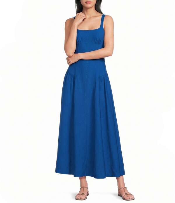 とっ始め販売店 レディース トップス 衣装 リネン マキシ TOPSHOP Dropped Waist Linen Maxi Dress Cobalt 青緑色