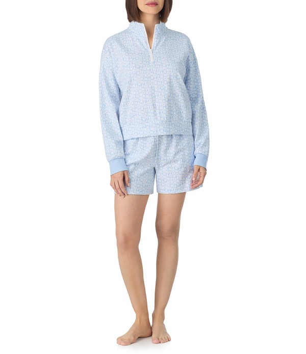 ダナキャラン レディース アンダー御召しもの ナイト爵御召しもの ハーフジップリント ロゴタイプ DKNY By Donna Karan Logo Print Long Sleeve Half Zip Shorty Lounge Set White/Blue 白いこと