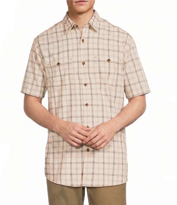 ラウンドトゥリーアンドヨーク メンズ トップス シャツ Roundtree & Yorke Short Sleeve Medium Plaid Sport Shirt Ivory アイボリー|ReVida 店