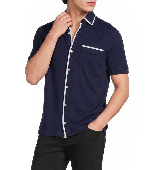 ムラノ メンズ トップス シャツ スリムフィット コート Murano Liquid Luxury Slim Fitextured Coat Front Short Sleeve Shirt Midnight Blue ブルー｜ReVida 店