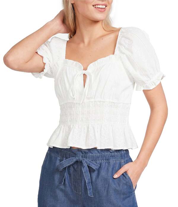 ブルーペッペーブルーペッパー レディース トップス シャツ フリル ブラウス Blu Pepper Short Puff Sleeve Ruffled Tie Front Blouse White ホワイト|ReVida 店