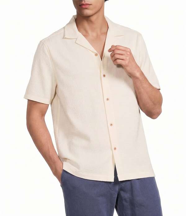 ラウン メンズ トップス プルオーバー トール Rowm Big \u0026 Tall Short Sleeve Solid Textured Camp Shirt Cream 皮膚軟化剤