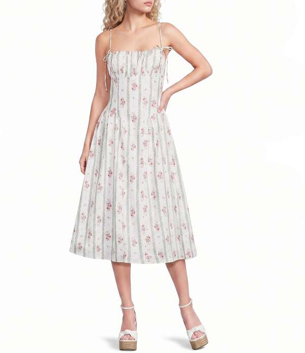 シティヴァイブ レディース トップス ワンピース フラワー柄 ミディ フラワー City Vibe Floral Striped Bow Strap Midi Dress Ivory/Green アイボリー|ReVida 店