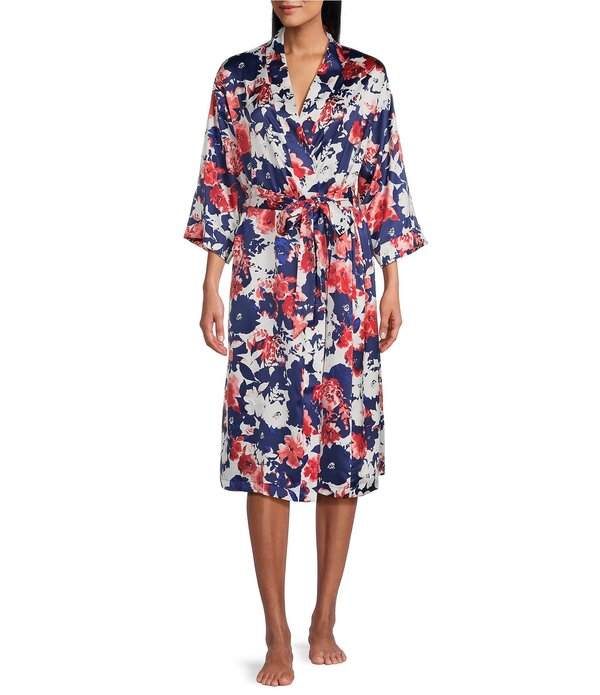 カベルネ レディース アンダー御召しもの ナイト爵御召しもの 御花柄 繻子 御花 Cabernet Brush Floral Satin 3/4 Sleeve Coordinating Wrap Robe Brush Floral