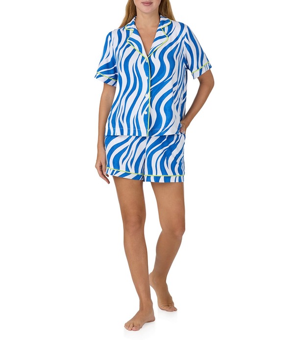 駆け込み寺 レディース アンダー御召しもの ナイト爵御召しもの 刷り上げる Sanctuary Zebra Print Short Sleeve Notch Collar Woven Shorty Pajama Set White Blue 白いこと
