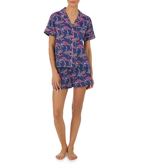 トッミーバハマ レディース アンダー御召しもの ナイト爵御召しもの 刷り上げる Tommy Bahama Flamingo Print Short Sleeve Notch Collar Woven Shorty Pajama Set Navy Print 米国海軍