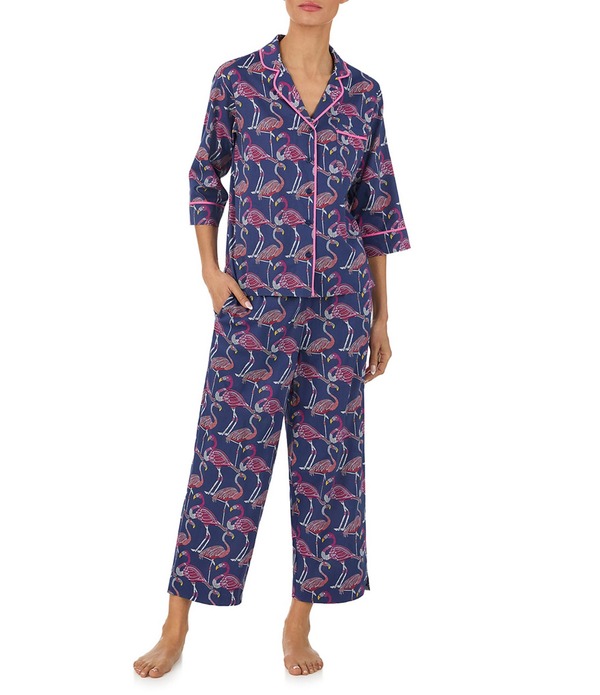 トッミーバハマ レディース アンダーお召しもの ナイト爵お召しもの 刷り上げる クロップド Tommy Bahama Flamingo Print 3/4 Sleeve Notch Collar Woven Cropped Pajama Set Navy Print 米国海軍