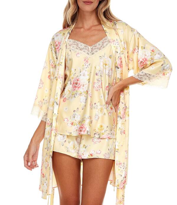 フローラニクルーズ レディース アンダー御召しもの ナイト爵御召しもの 繻子 Flora Nikrooz Sabrina Travel Satin Jacquard Cami \u0026 Shorty Robe Set CITRUS