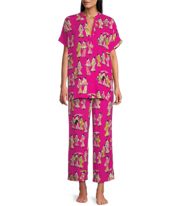 ナトリ レディース アンダーお召しもの ナイト爵お召しもの Vのど首 刷り上げる N By Natori Short Sleeve V-Neck Woven Challis Geisha Print Pajama Set Pink サクラ色