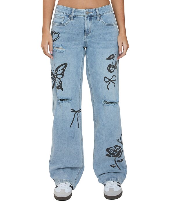 YMI デニム レディース ボトムス ジーンズズボン下 ワイドレッグ 刷り上げる YMI Jeanswear Britney Printed Wide Leg Jeans Light Blue 青み