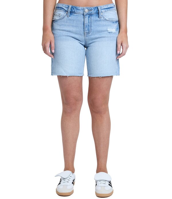 YMI デニム レディース ボトムス 二分の一ズボン下・さる股引き 遊撃手ズボン下 YMI Jeanswear Luxe Mid Rise Raw Hew Long Shorts Light Blue Rips 青み
