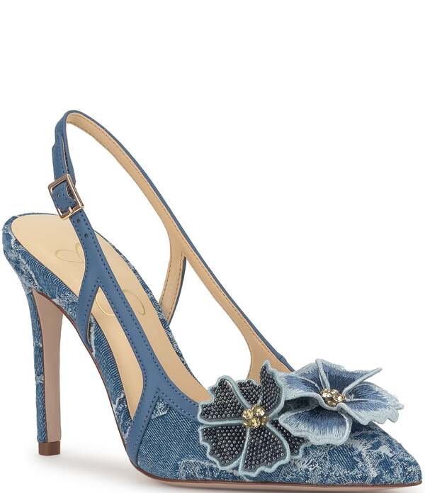 ジェシカシンプソン レディース シューズ 踵 ジーンズ Jessica Simpson Pilitia Denim 3-D Flower Embellished Slingback Pumps Medium Blue 青み