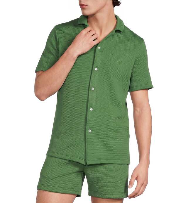 ムラノ メンズ トップス シャツ スリムフィット ニット Murano Liquid Luxury Slim Fitextured Short Sleeve Knit Camp Shirt Fern Green グリーン｜ReVida 店