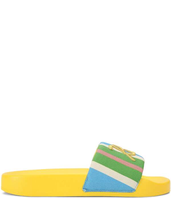カートジェイガーロンドン レディース シューズ パンプス サンダル 刺しゅう ロゴタイプ Kurt Geiger London Meena Kurt\u0027s Cabana Striped Canvas Embroidered Logo Pool Slide Sandals Yellow Combo 黄色