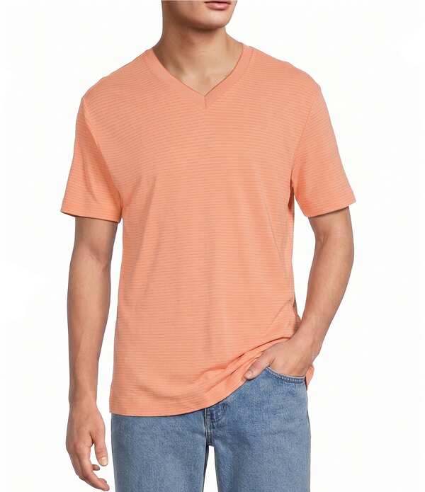 ラウンドトゥリーアンドヨーク メンズ トップス シャツ Vネック ニット Roundtree & Yorke Short Sleeve Striped V-Necknit Shirt Orange オレンジ|ReVida 店