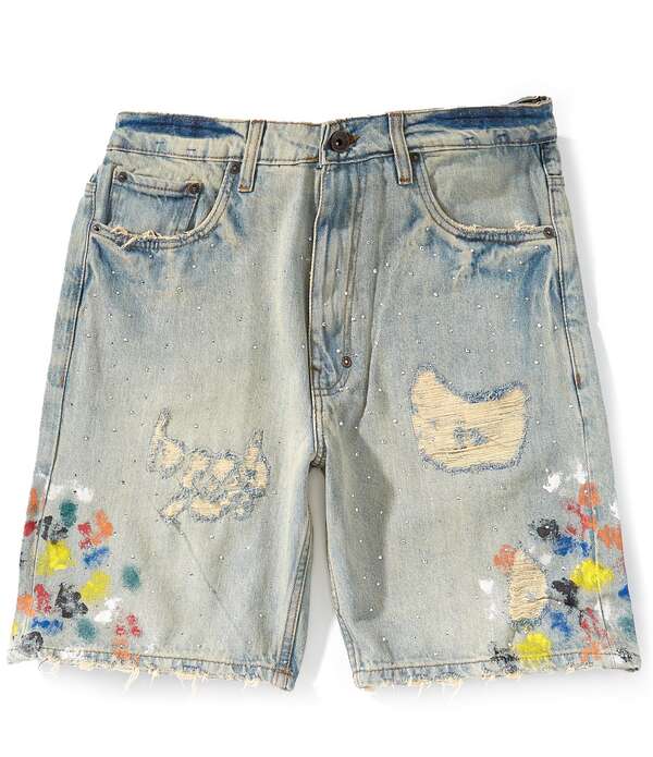 アクー メンズ ボトムス 二分の一ズボン下・さる股引き 遊撃手ズボン下 ジーンズ AKOO Mosaic 8.5 Inseam Rhinestone Paint Splatter Distressedenim Shorts Lyra ジーンズ