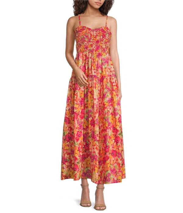 スカイズアブルー レディース トップス ワンピース フラワー柄 プリント ノースリーブ シャーリング マキシ フラワー Skies Are Blue Floral Print Sweetheart Neck Sleevelessmocked Bust Maxi Dress Bright Coral コーラル｜ReVida 店