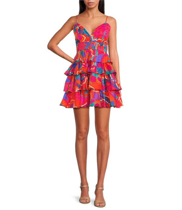 シュガーリップス レディース トップス ワンピース ティアード フリル ミニ ノースリーブ Sugarlips Kahlia Tropics Mavey Poplin Gauze Sweetheart Neck Sleeveless Tiered Ruffle Mini Dress Red Multi レッド|ReVida 店