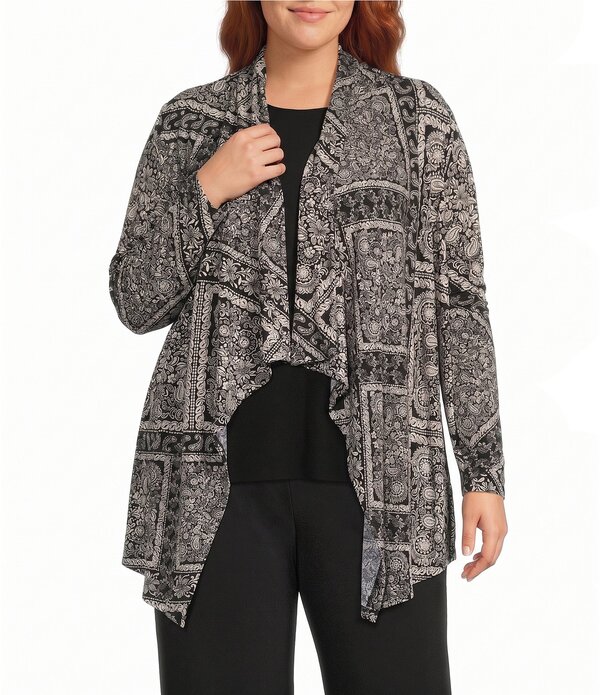 インベストメンツ レディース アウター コート プラスサイズ ジャケット Investments Plusize Soft Separates Bias Geo Long Sleeve Open Front Jacket Bias Geo｜ReVida 店