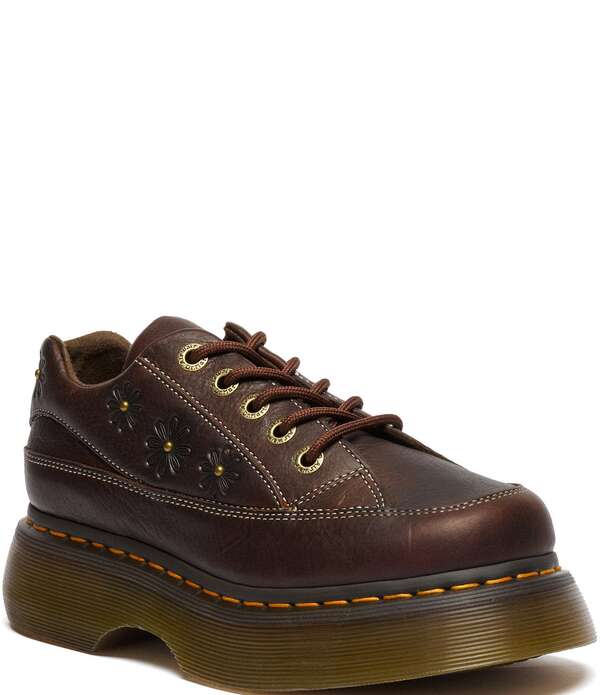 御医者さんマーチン レディース シューズ オックスフォード プラットホーム なめし革 Dr. Martens Women\u0027s Buzz 5-Eye Grizzly Leather Flower Studded Platform Oxfords Dark Brown 赤銅色