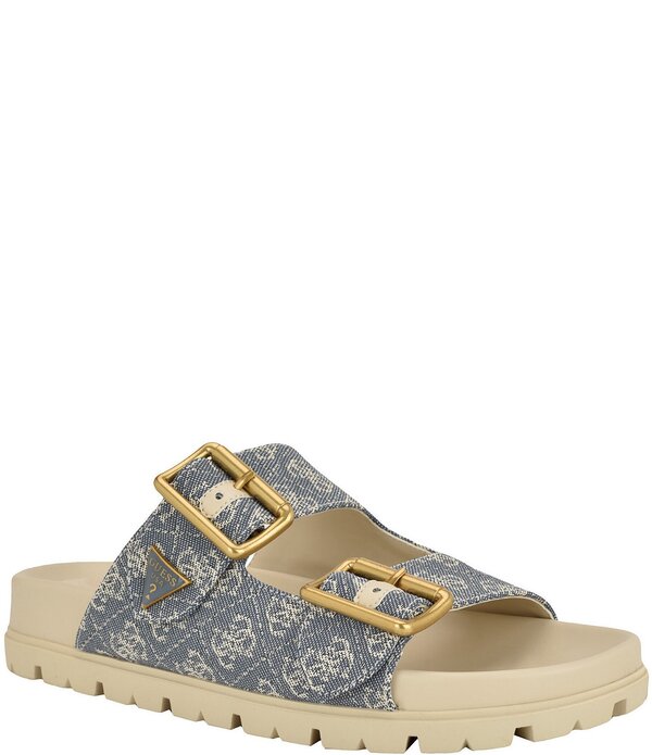 ゲス レディース シューズ パンプス サンダル ロゴタイプ Guess Women\u0027s Fasten Signature Logo Banded Buckle Slide Sandals Medium Blue/Light Naturalogo 青色