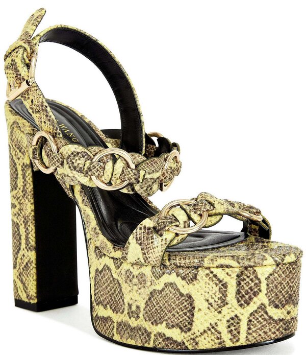 アザレア 壱 レディース シューズ サンダル プラットホーム 刷り上げる 踵 Azalea Wang Tarynn Snake Print Hardware Detail Platform Block Heel Sandals Yellow Snake 黄色