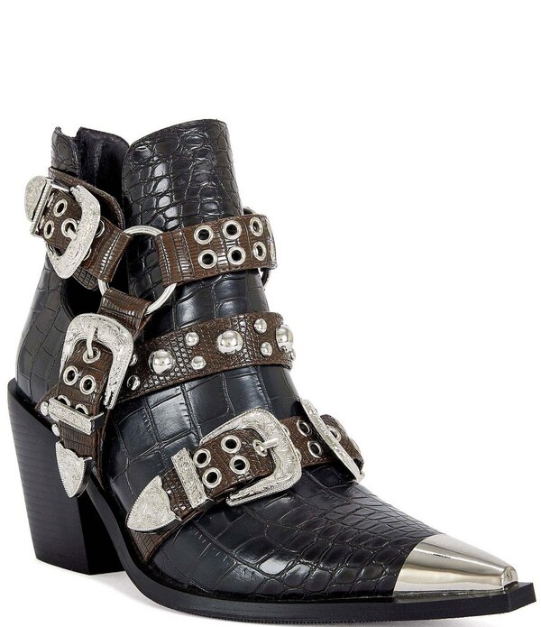 アザレア 一 レディース シューズ ブーツ・レインブーツ 刷り上げる Azalea Wang Thalyn Croco Print Buckled Harness Western Booties Black 黒いこと