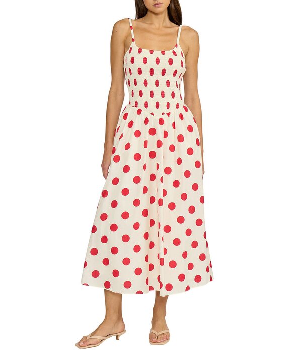 ルーシーパリ レディース トップス ワンピース プリント ミディ ノースリーブ シャーリング Lucy Paris Hazel Dot Printed Square Neck Sleeveless Fit and Flare Smocked Poplin Midi Dess Red Cream クリーム|ReVida 店