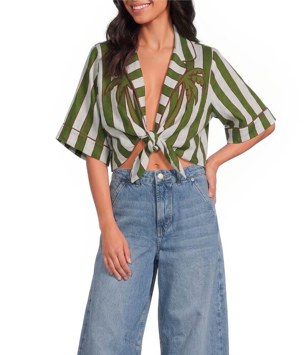 耕園 レディース トップス プルオーバー Vのど首 刷り上げる スピード競技 リネン Farm Rio Spring Stripes Palm Placement Print V-Neck Short Sleeve Tie Front Linen Crop Top Spring Stripes Green 緑であること