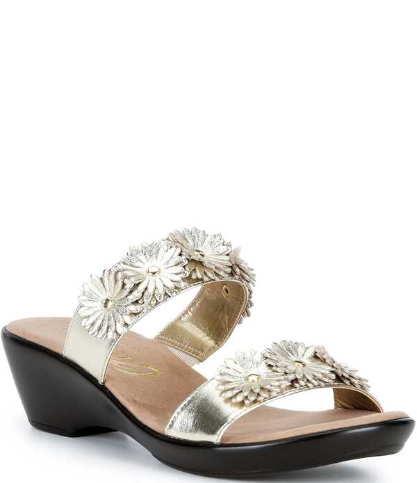 オネックス レディース シューズ サンダル トール レザー Onex Margaret Metallic Leather Flowers Banded Slide Sandals Platinum メタリック|ReVida 店