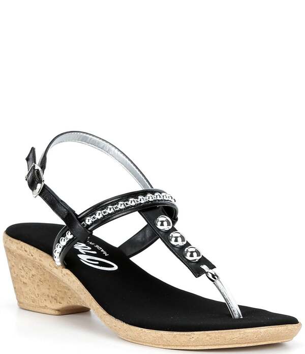 オネックス レディース シューズ サンダル レザー Onex Mykanostudded Leather Slingback Cork Wedge T-Strap Sandals Black ブラック｜ReVida 店