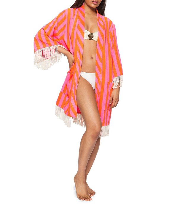 カートジェイガーロンドン レディース トップス ワンピース プリント パイル フリンジ Kurt Geiger London Kurt's Cabana Open Front Stripe Print Fringe Trim Terry Cloth Kaftan Open Pink ピンク｜ReVida 店 45,480円