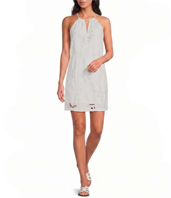 スカイズアブルー レディース トップス ワンピース ミニ ノースリーブ 刺繍 レース ホルター Skies Are Blueyelet Lace Sun and Shell Embroidered Halter Neck Sleeveless Mini Shift Dress White ホワイト|ReVida 店