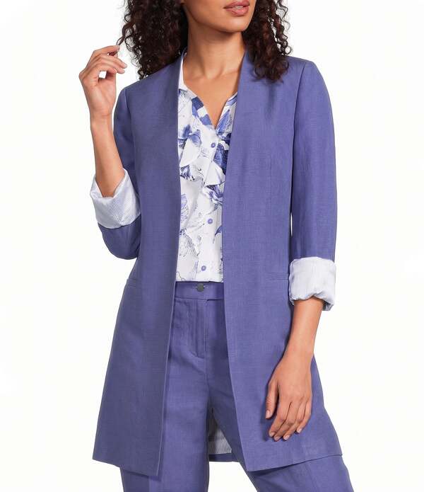 カルバンクライン レディース アウター 厚地の外套 スポーツジャケット リネン Calvin Klein Coordinating Linen Blend Collarless 3/4 Sleeve Open Front Blazer Future Dusk