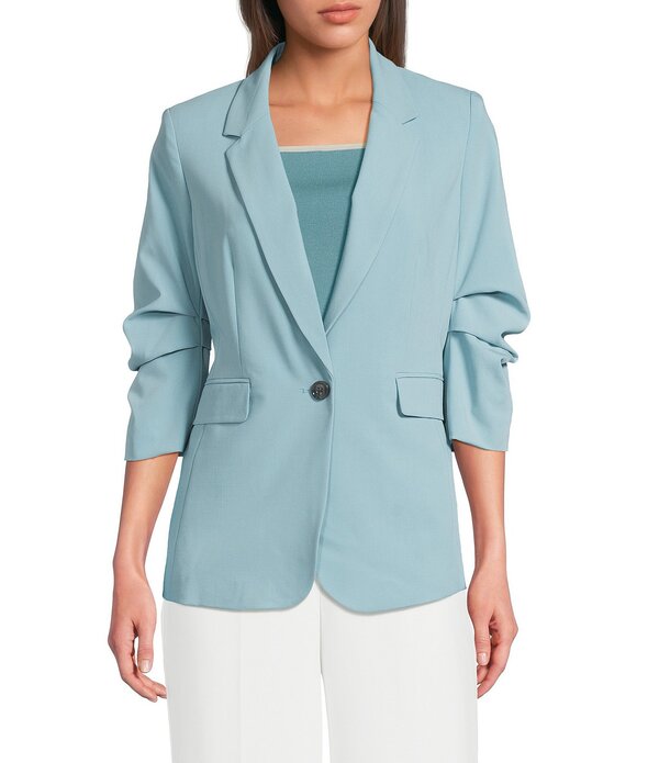 ダナキャラン レディース アウター 厚地の外套 ギャザー 上衣 DKNY by Donna Karan Coordinating Tropical Notch Lapel 3/4 Ruched Sleeve One Button Front Jacket Cameo Blue 青み