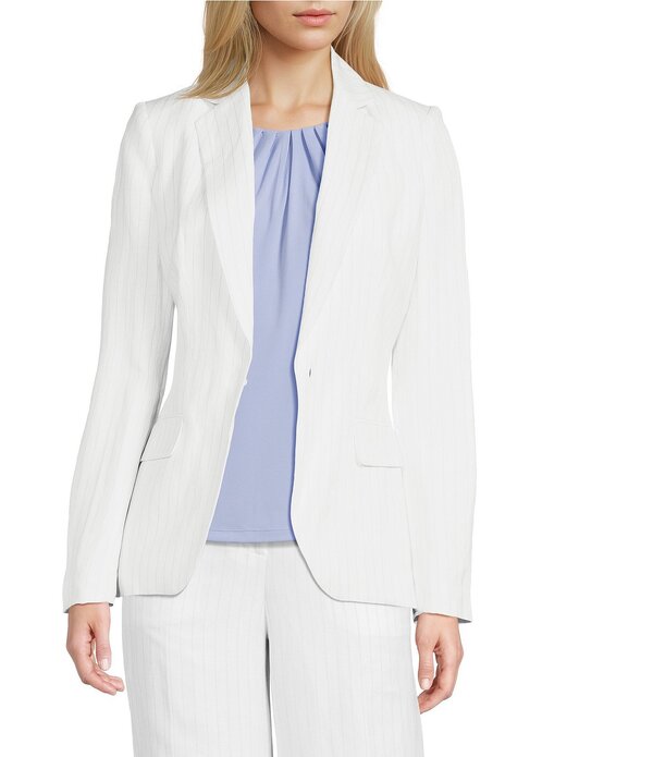 カルバンクライン レディース アウター 厚地の外套 リネン 上衣 Calvin Klein Coordinating Linen Blend Stripe Notch Lapelong Sleeve Belted Jacket White Stony 白いこと