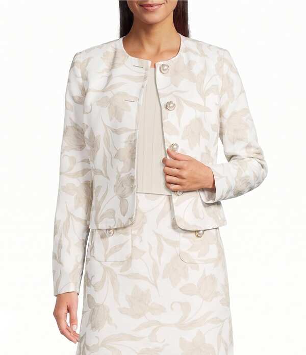 カール ラガーフェルド レディース アウター コート プリント ジャケット KARLAGERFELD PARIS Woven Jacquard Print Round Neck Long Sleeve Lady Coordinating Jacket Soft White/CA ホワイト|ReVida 店