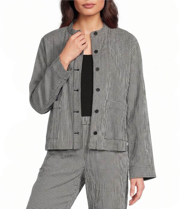 エイリーンフィッシャー レディース アウター コート コットン ジャケット Eileen Fisher Organicotton Pucker Check Mandarin Collar Long Sleeve Jacket Black/White ホワイト|ReVida 店