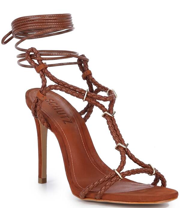 シュッツ レディース シューズ 踵 サンダル アンクル なめし革 Schutz Cordelia Braided Cord Leather Ankle Tie Dressandals Cognac