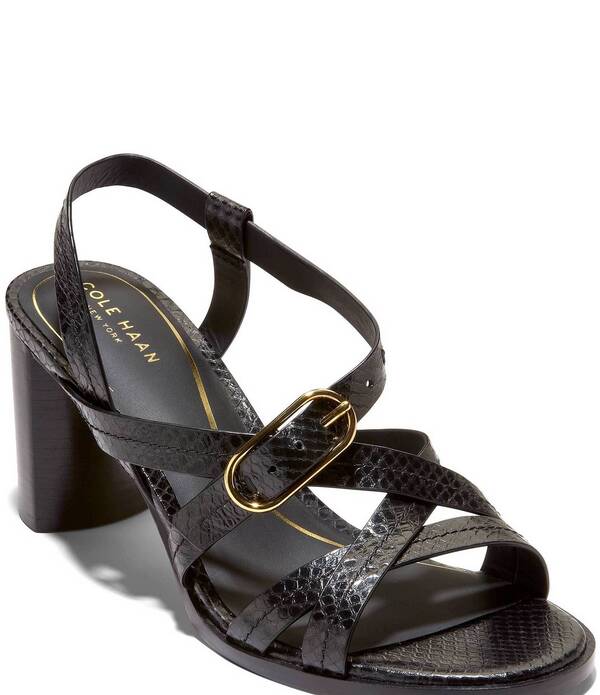 電話を掛けるハーン レディース シューズ 踵 刷り上げる サンダル なめし革 Cole Haan Dillon Snake Print Leather Strappy Block Heel Sandals Black Snake 黒いこと