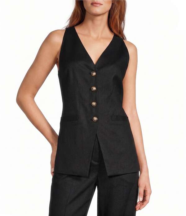 アントニオ メラーニ レディース トップス シャツ Vネック ベスト ノースリーブ Antonio Melani Josie V-Neck Sleeveless Button Front Vest Black ブラック｜ReVida 店