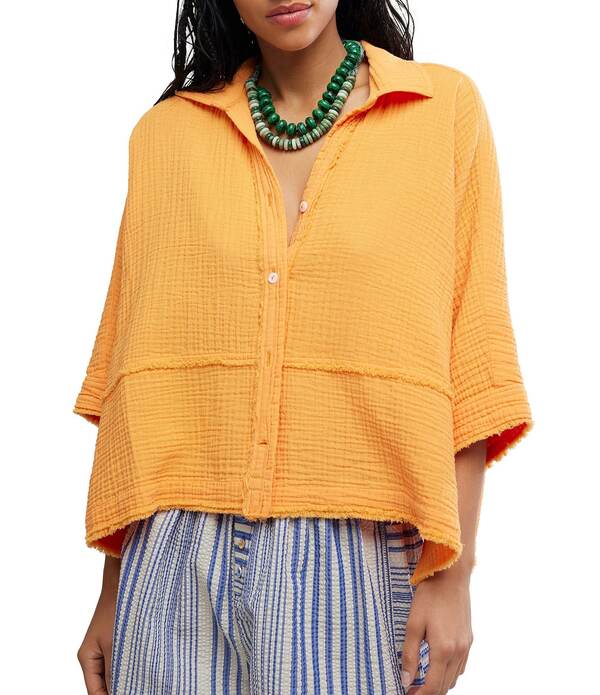 フリーピープル レディース トップス シャツ Free People We The Free Happy Days Collared Short Sleeve Button-Front Gauze Top Iceland Poppy｜ReVida 店